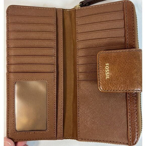 Fossil Madison Bifold Zip Brown Leather‎ Clutch Wallet with Wrist Strap~EUC - Picture 5 of 6